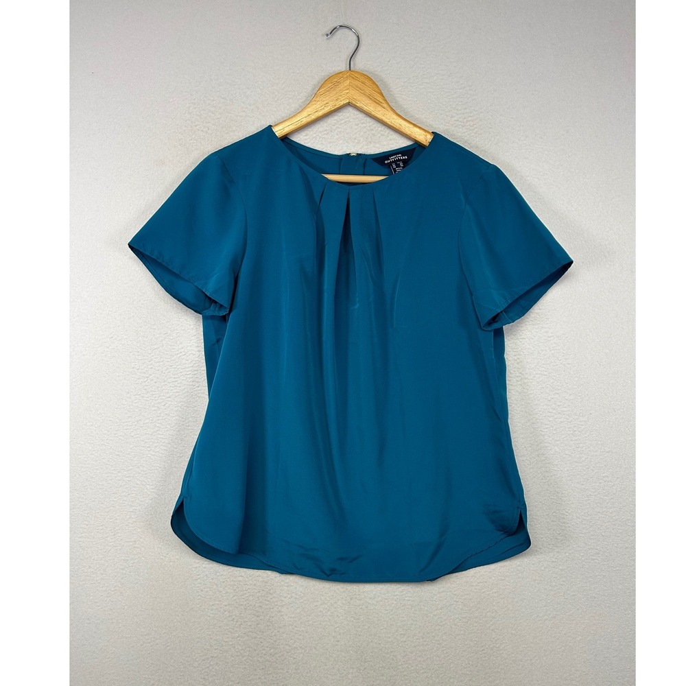Business Casual Lands' End Women Petite Teal Blue Pleated Neck Zip Back Blouse